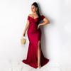 AL243 European and American Women's Sexy V-neck Evening Dress - High Slit, Solid Color, Short Sleeve for Spring/Summer