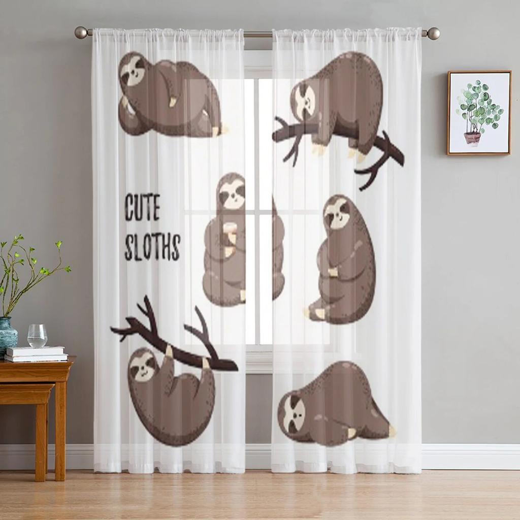 Cute Cartoon Sloths Sheer Curtains For Bedroom Living Room Tulle Curtains For Kitchen Window Voile Curtains