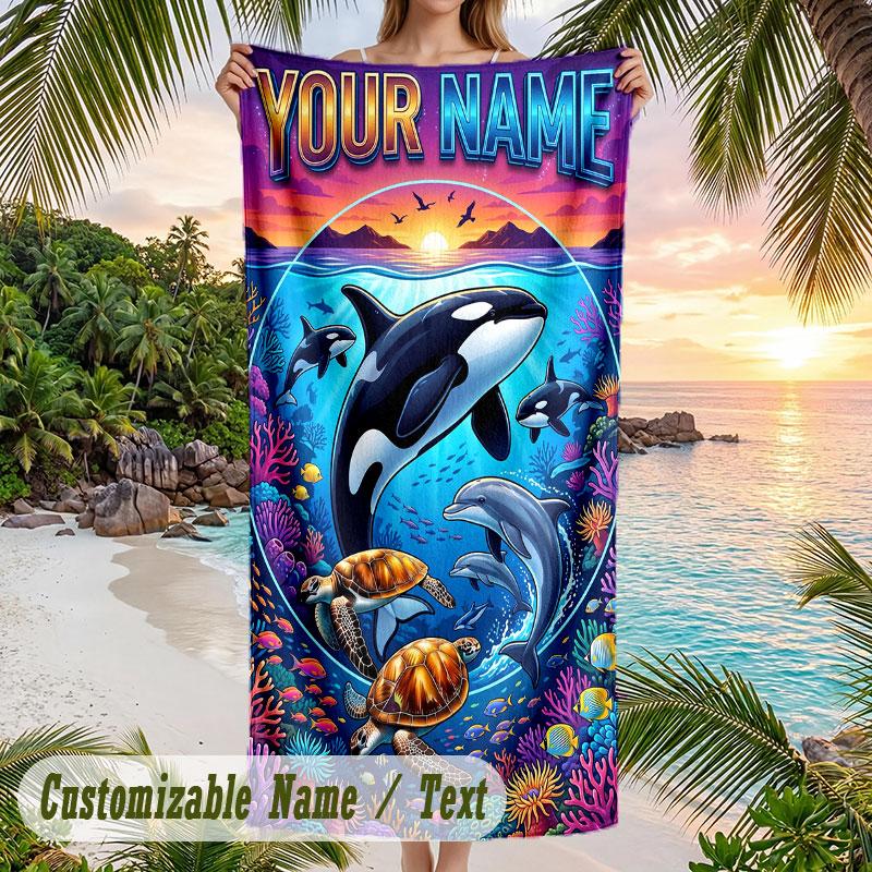 Ocean Life Adventure 2 Theme Quick Dry Beach Towel Custom Name Text Print Large Sand Resistant Towel Beach Vacation