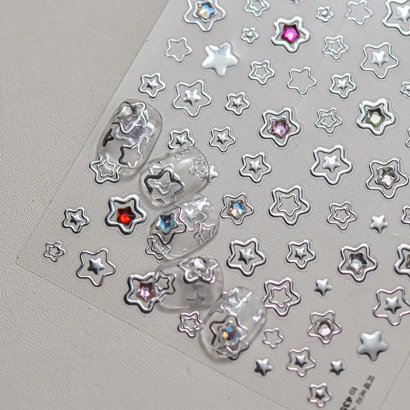 Colored Crystal Star Love Shiny Silver Hollowed Smudging Rainbow Flower Jelly Embossed Nail Art Stickers Manicure Decals