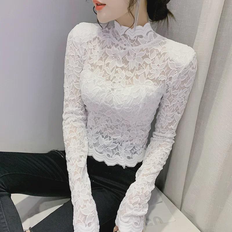 2021 Autumn Stand-up Collar Lace Long Sleeve Hollow Slimming Women's Top