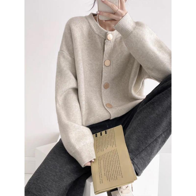 Autumn Winter Round Neck Solid Color Simple Knitting Outwear Women Casual Fashion Cardigan Coat Button Top