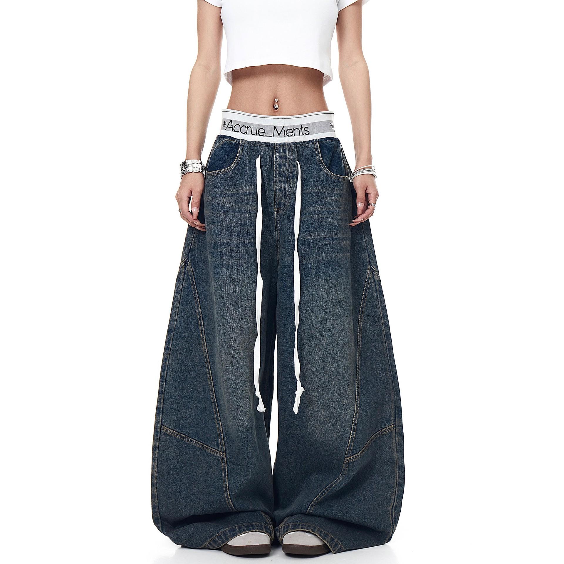 Men s Retro Washed Patchwork Bootcut Jeans - Trendy, Loose-Fit Wide Leg Pants M синий