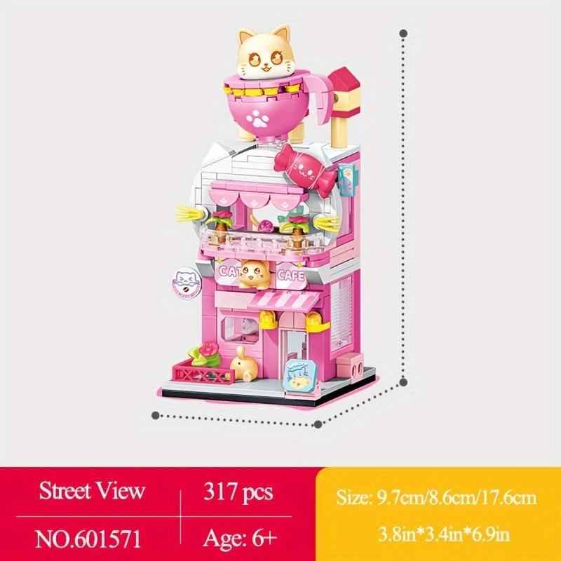 4 Styles Cute Street View Building Blocks, Kid's Birthday Gifts, Creative Cartoon Coffee Shop Retail Store Model Mini Bricks