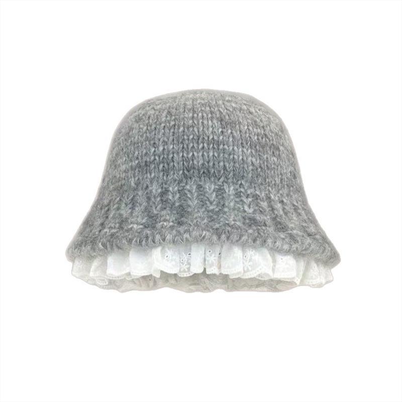 1PC Knitted Slimming Hat Oversized Fisherman Hat Fashionable Lace Elegant Trimmed Korean Bucket Warm 53-60cm