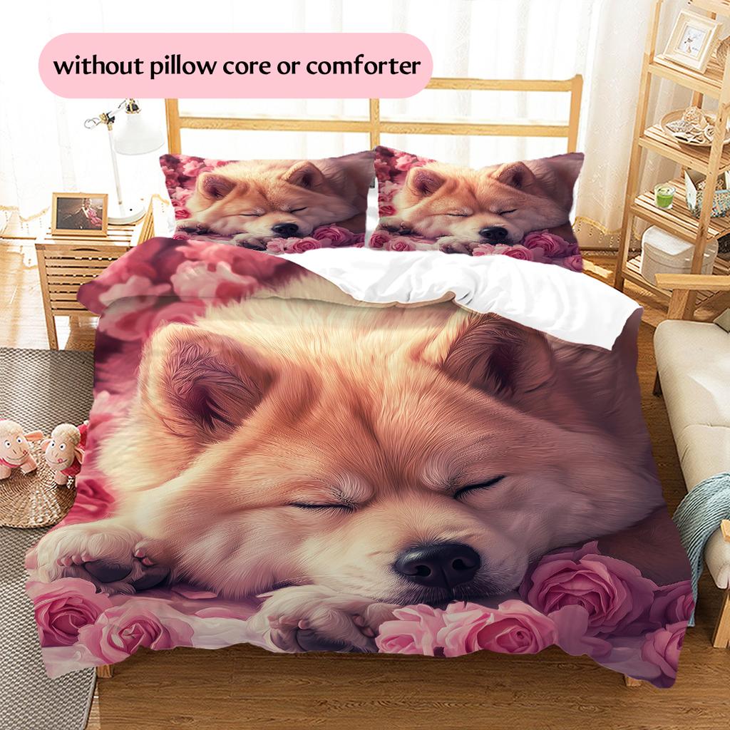 Shiba Inu and Rose Pattern Bedding Home Decoration Birthday Gift (1 * duvet cover + 2 * pillowcase, without core)