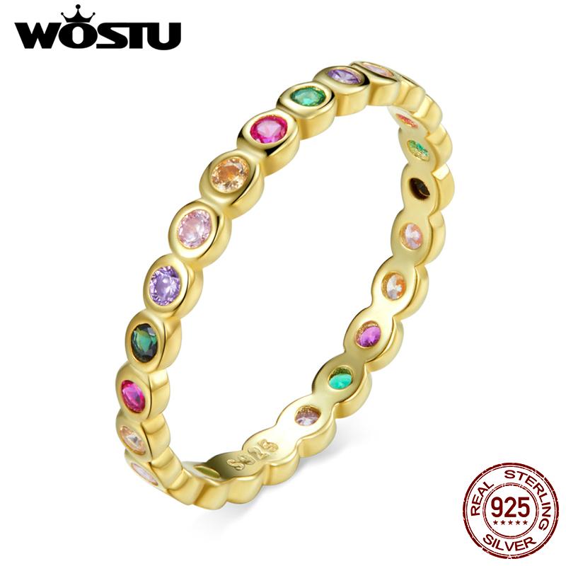 WOSTU Authentic 925 Silver Forever Clear CZ Circle Round Finger Rings Women Wedding Fine Jewelry Gift