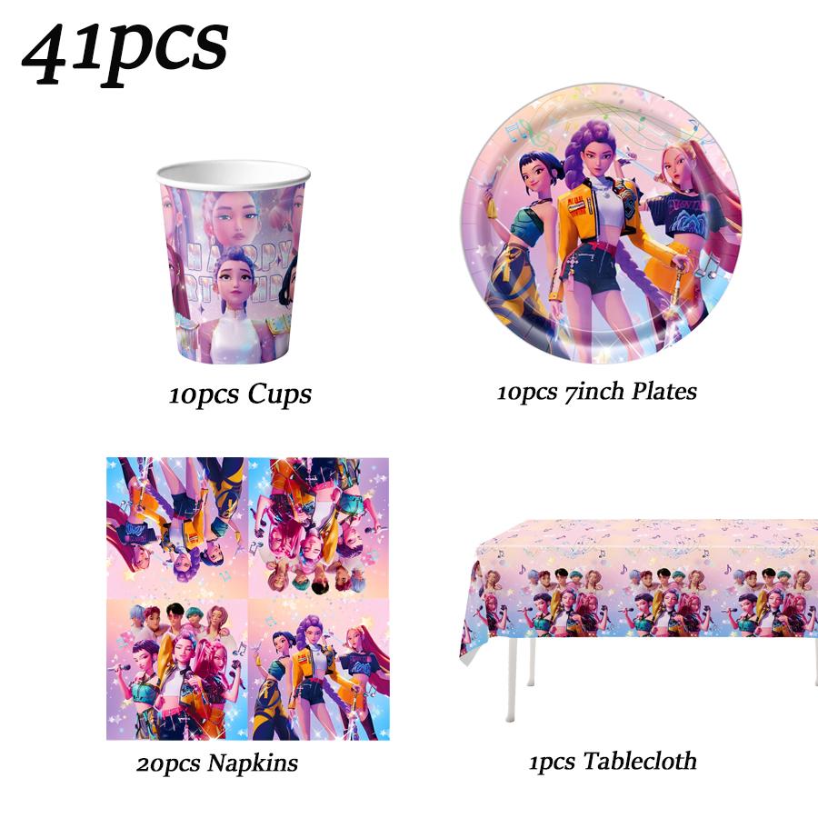 KPOP Demon Hunters Celebration Favors Tableware Collection Birth Date Celebration Balloons Board Banner Decor Girls Infant Shower Xmas Supplies