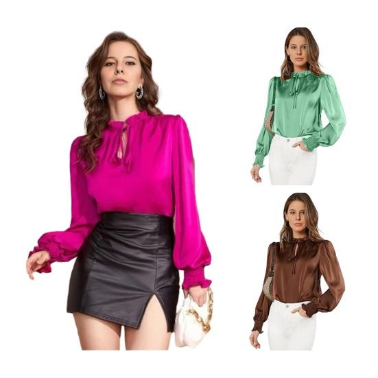 Women Shirt Stand Collar Ruffle Trim Long Sleeve Pullover Tops Solid Color Silky Satin Shirt Loose Fit Casual Tops