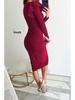 V-Neck Waist-Cinching Slit Solid Color Long Sleeve Dress