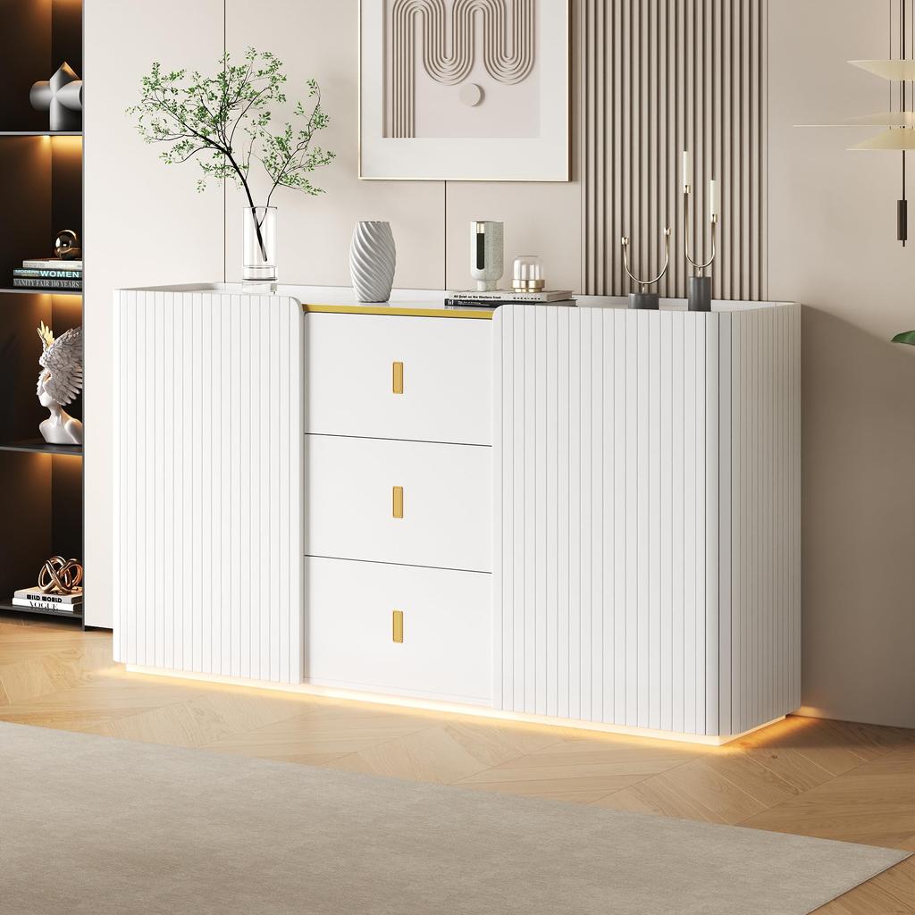 Sideboard LED Lighting, Modern Chest of Drawers 2 Doors & 3 Drawers, Adjustable Shelf, Ample Storage Space, Highboard Living Room, Dining Room, Hallway, White