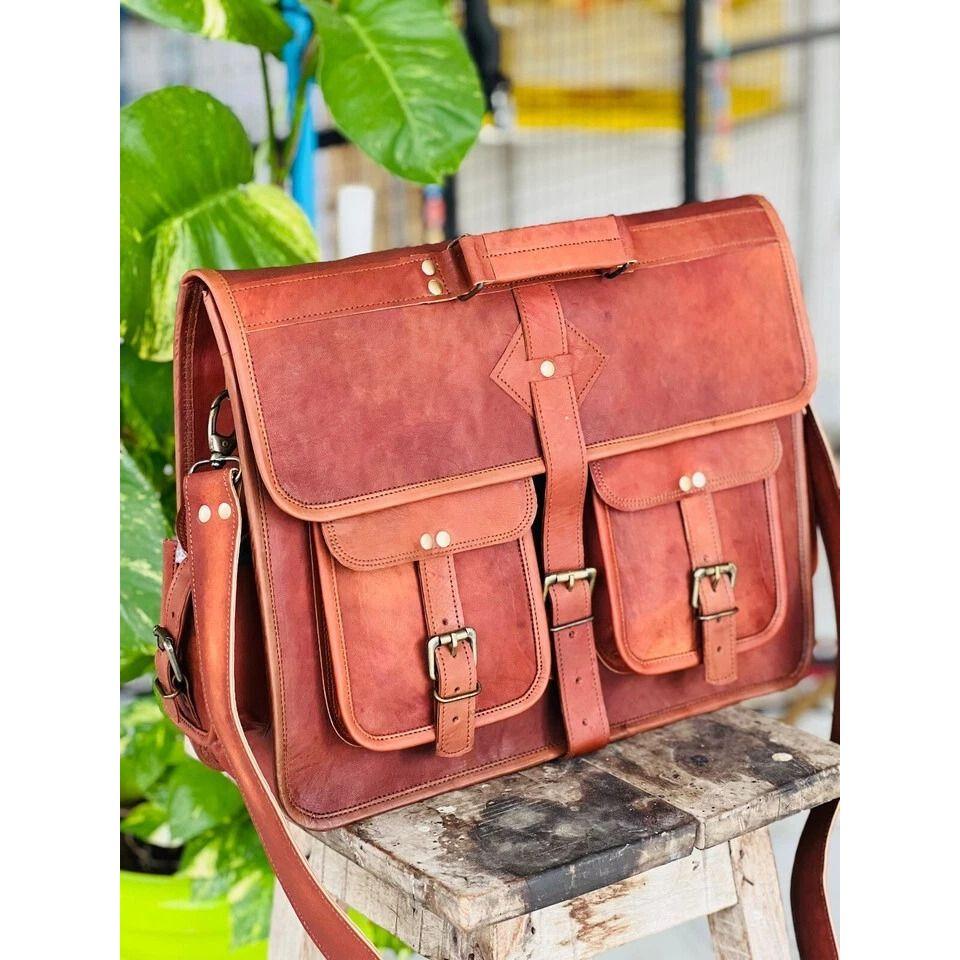 Handgefertigte Herren-Umhängetasche aus echtem Leder im Vintage-Stil für Laptops und Messenger-Aktentaschen