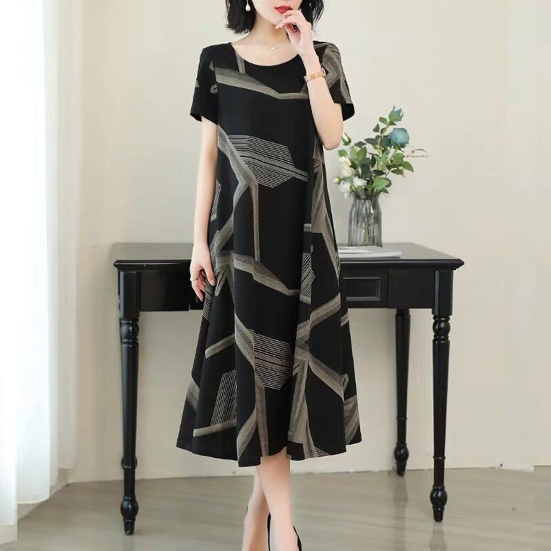 Large Size Catty Medium and Long Dress Women's Summer Mother Dress Fat Mm Loose and Thin Age-reducing Casual A-word Skirt