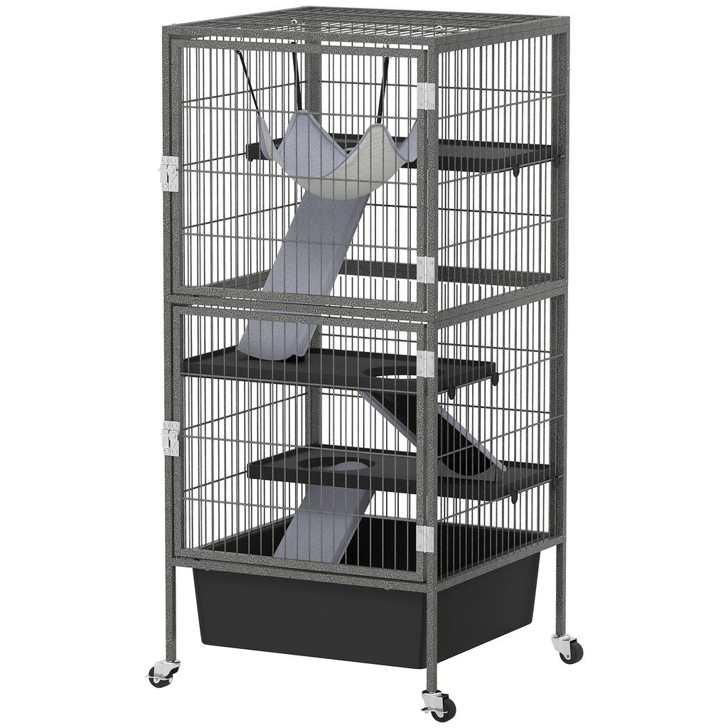 4-Tier Small Animal Cage with Ramps, Platforms, Hammock and Wheels, 52x52x115 cm, Grey