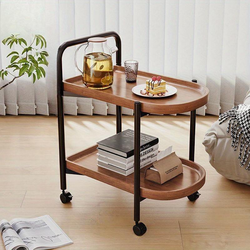 Versatile 2-Tier Rolling Side Table - Wood, Ideal for Living Room, Bedroom, Office Use
