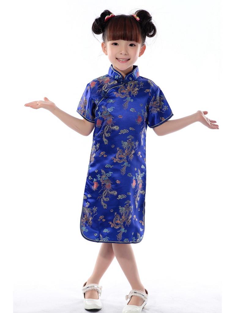Girls' Ethnic Summer Dragon & Phoenix Tang Suit Qipao Performance Dress - Red