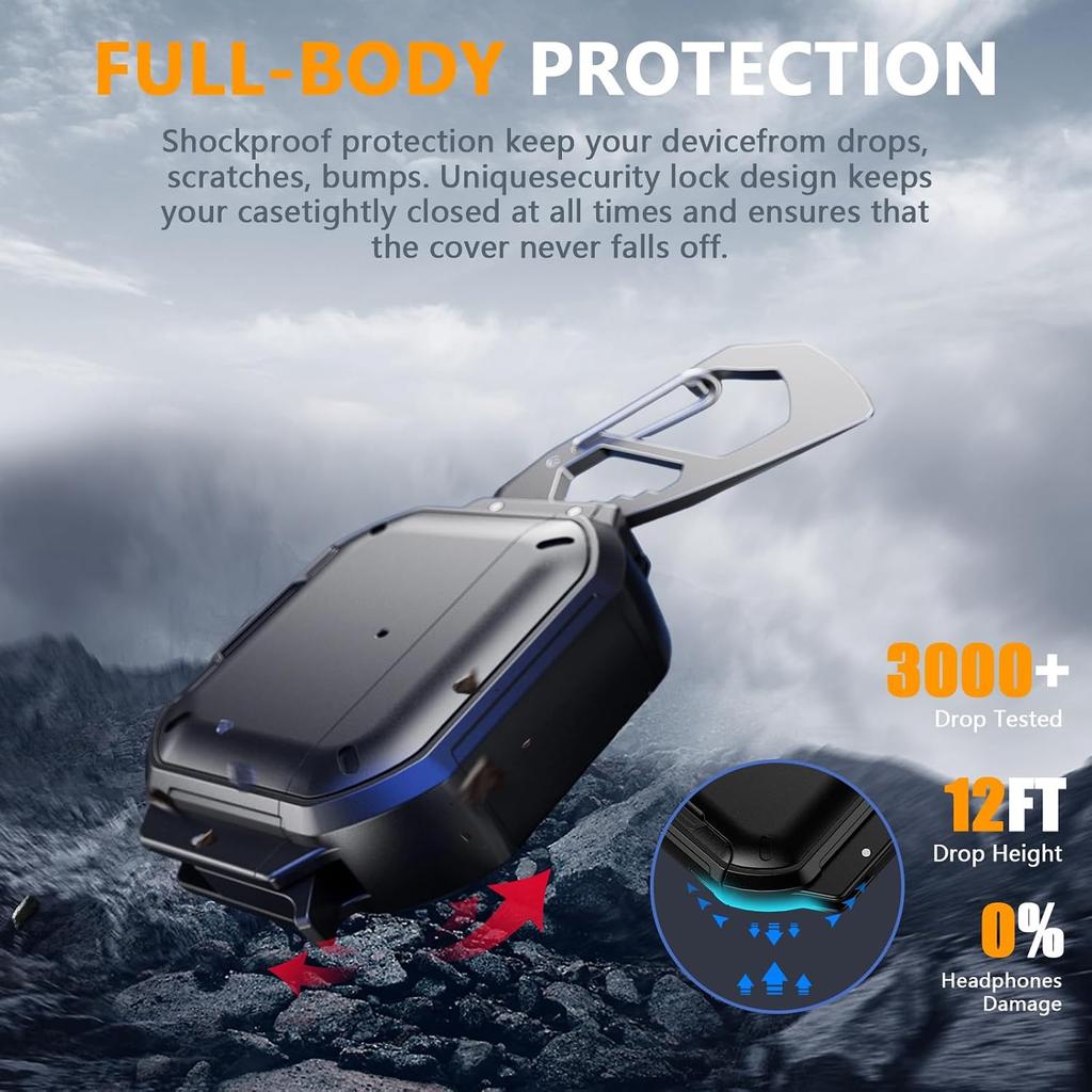 for AirPods Pro 3 Case with Lock & Carabiner, [IP68 Waterproof] [Military-Grade Protection] Full Body Shockproof Case with Phone Stand for AirPods