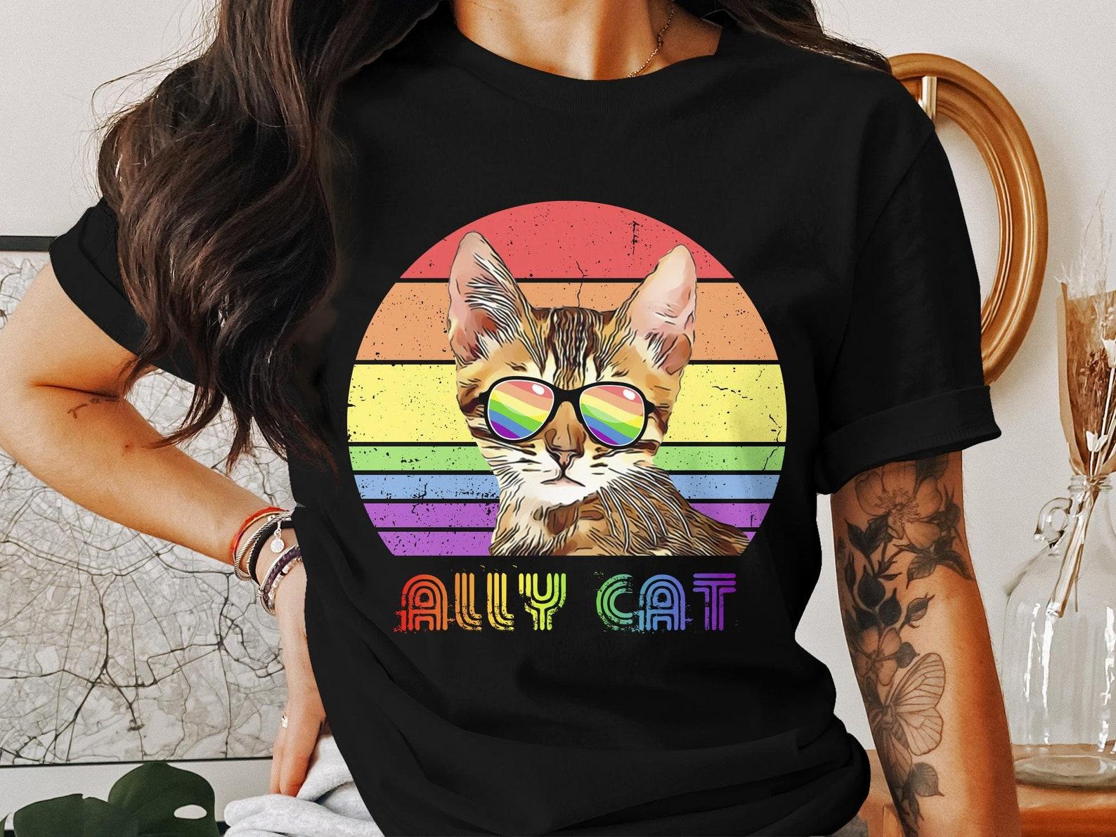 Colorful Ally Cat T-Shirt, Rainbow Pride Cat Tee, LGBTQIA Support, Colorful Pet Lover Gift M