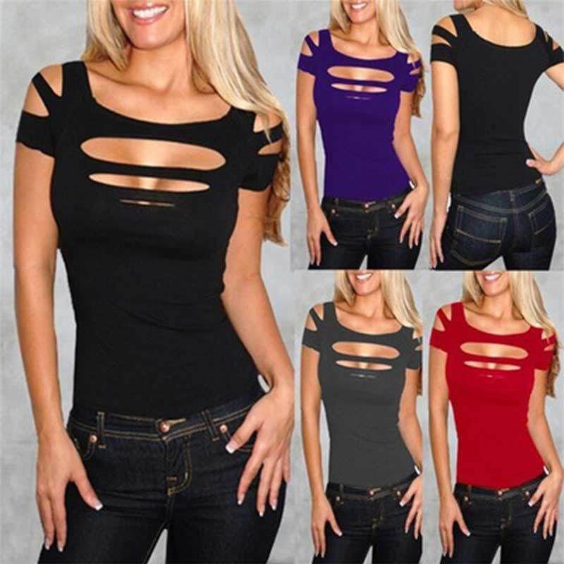 Premium Quality Summer Women's T-shirt Short Sleeve Broken Style Stretch Blouse For Nightclub