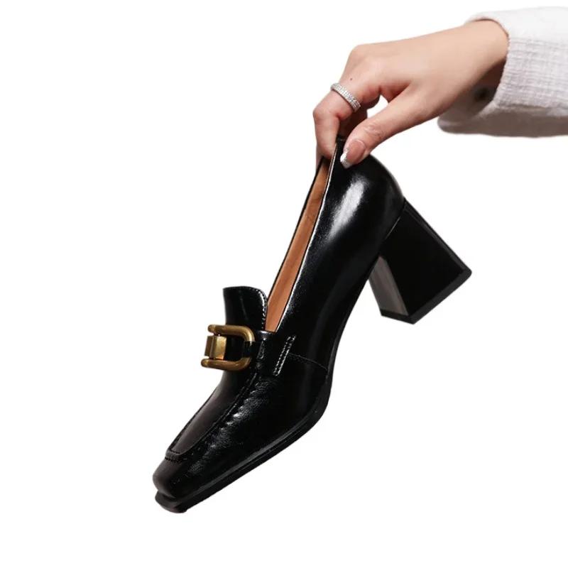 2024 Fyrkantiga Högklackade Loafers Kvinnor Höst Chunky Plattformpumps Kvinna Slip on Svarta Uniformsskor Mary Janes Zapatillas Mujer