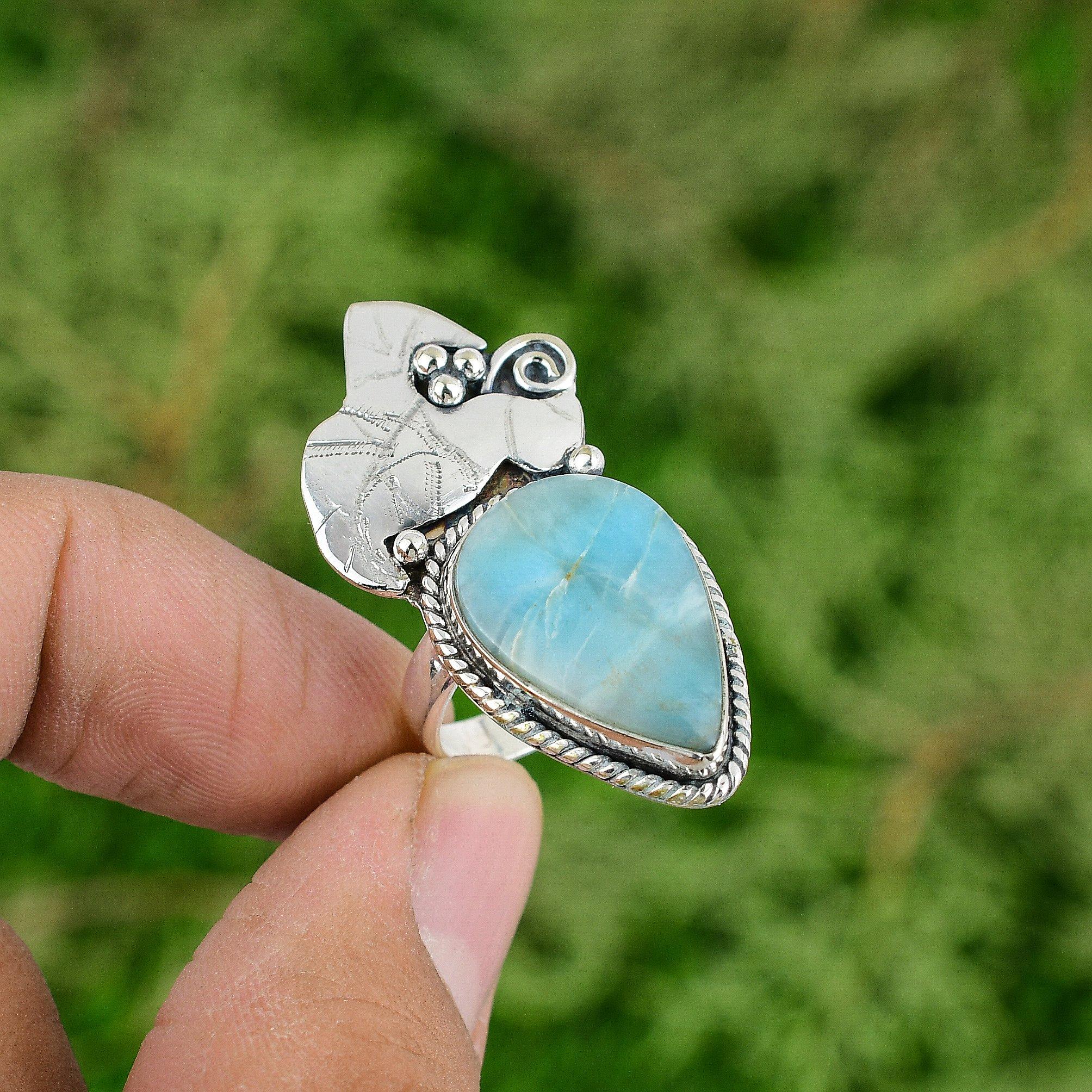 

925 Sterling Silver Larimar Gemstone Unique Wedding Statement Bezel Ring US 8 8