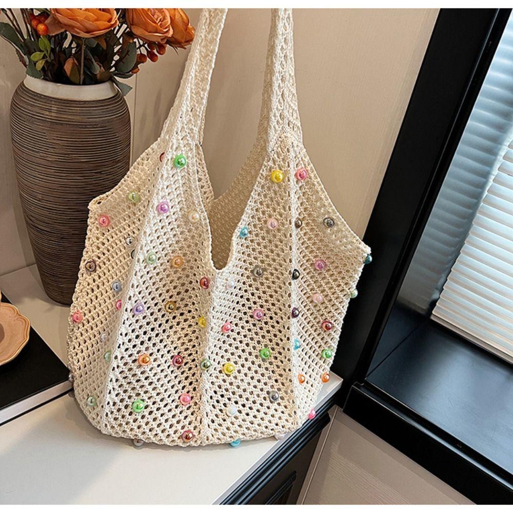 

Casual Boho Crochet Beach Tote Bag Hollow with Colored Beads Knitted Bag Handmade Large Capacity Tote Bag белый