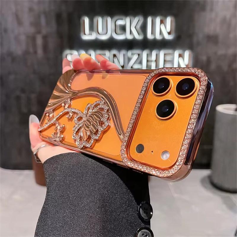 Glitter Rhinestone Flowers Transparent Phone Case For iPhone 17 Air 16 15 14 13 12 11 Pro Max Plus Plated Armor Frame Back Cover