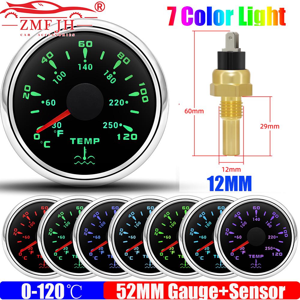 0~120℃,30~250℉ 52MM Water Temperature Gauge+Water Temp Sensor 10.2MM,12MM,16MM,17MM,21MM 7 Color Light for Boat Yacht Car 12V24V