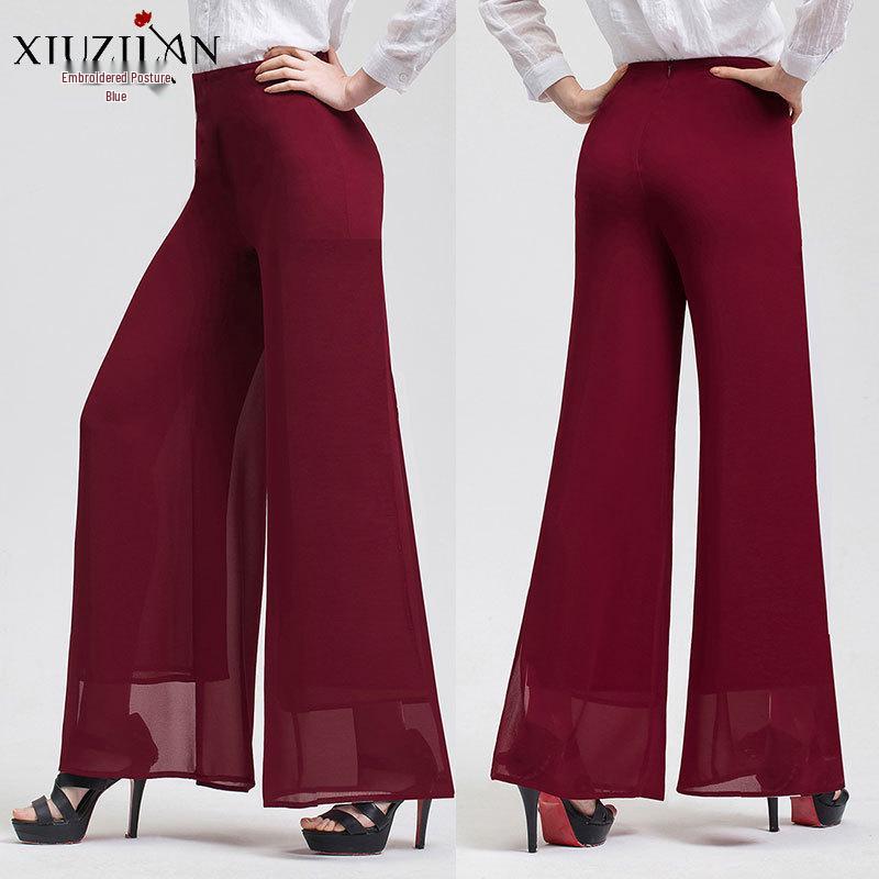 Šifonové culottes s vysokým pasem: Nadměrná velikost, Síťovina, Volné, Široké nohavice, Rovné, Rozparek, Ležérní palazzo kalhoty pro ženy.