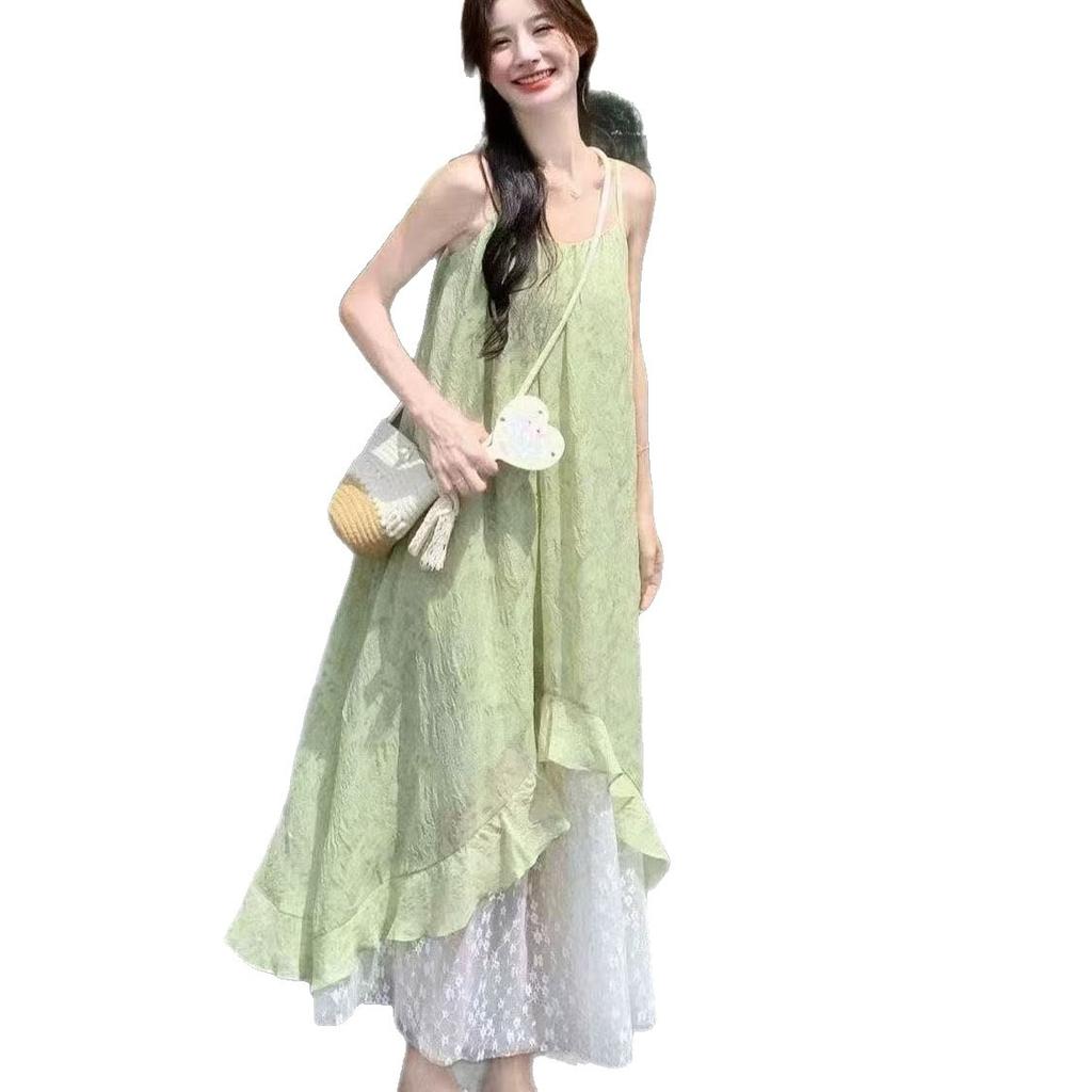 Summer new French thin small fresh dress light green seaside vacation suspender skirt women's medium and long