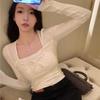 Solid Color Sweet Slim Tops Square Neck Lace Up T-shirt Fashion Design Long Sleeve T-shirt  Girls