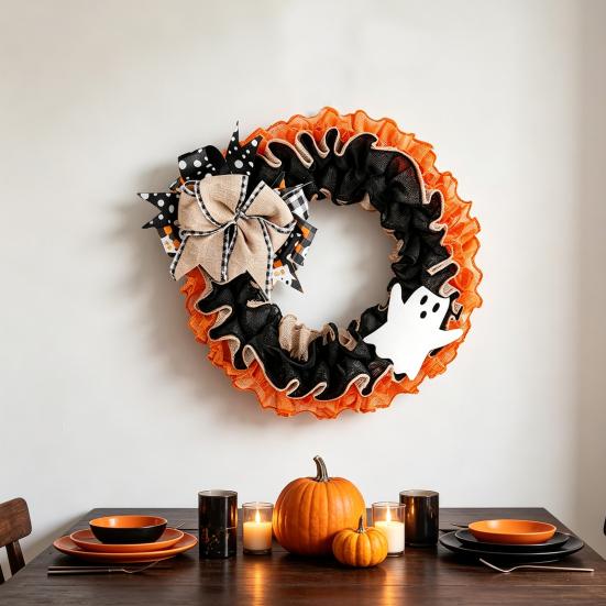 Halloween Wreath 15 Inch for Front Door, Rustic Ruffle with Rhinestone Bow Ghost And Burlap Fireplace Walls Windows Gothic Party Decor Fluffy