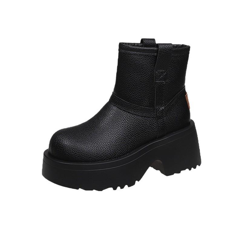 Small height increase round head thick-soled snow boots women's 2025 winter velvet warm short boots Internet celebrities same cotton shoes