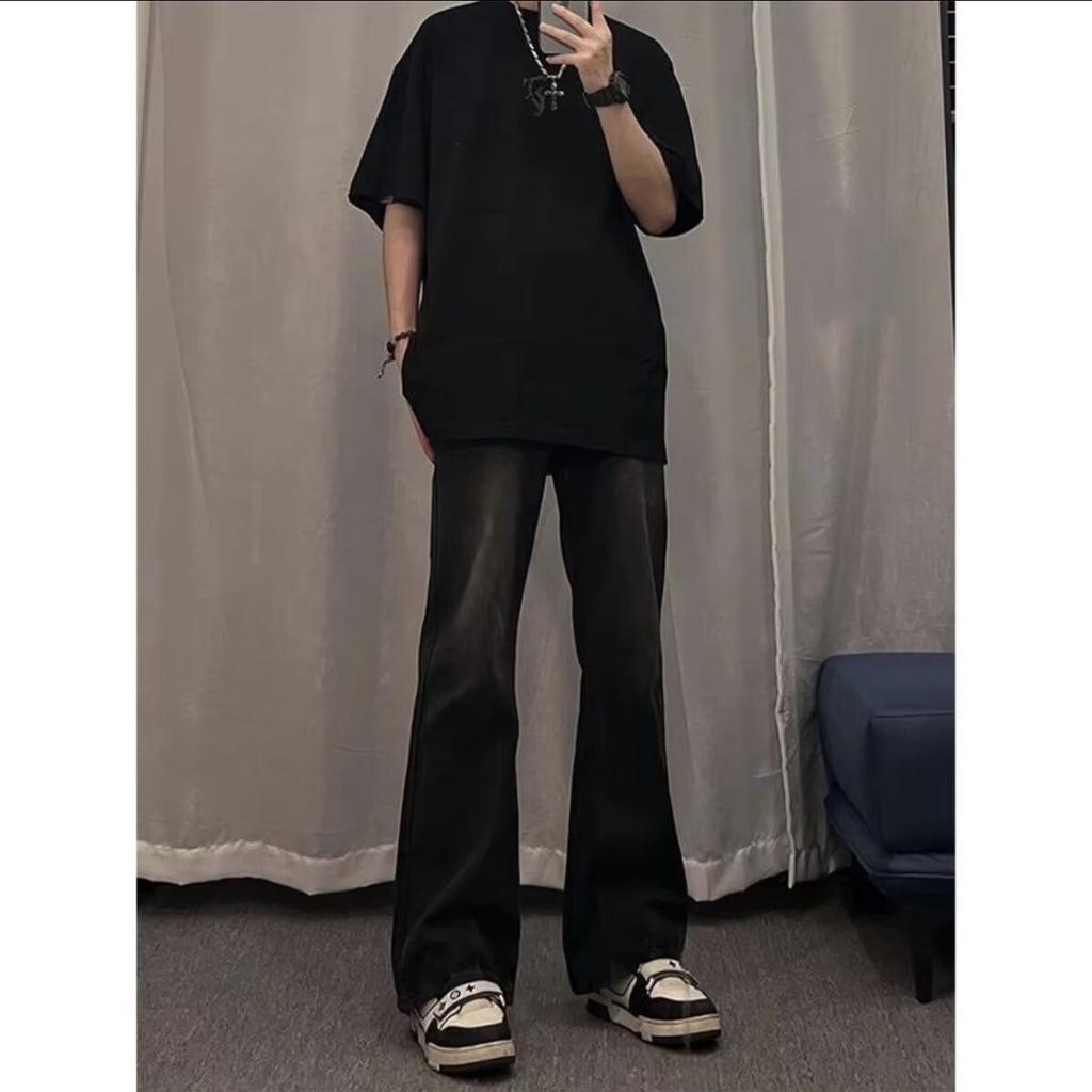 American gradual change vibe pants men's high street black micro pull jeans men's spring and autumn cleanfit high straight pants