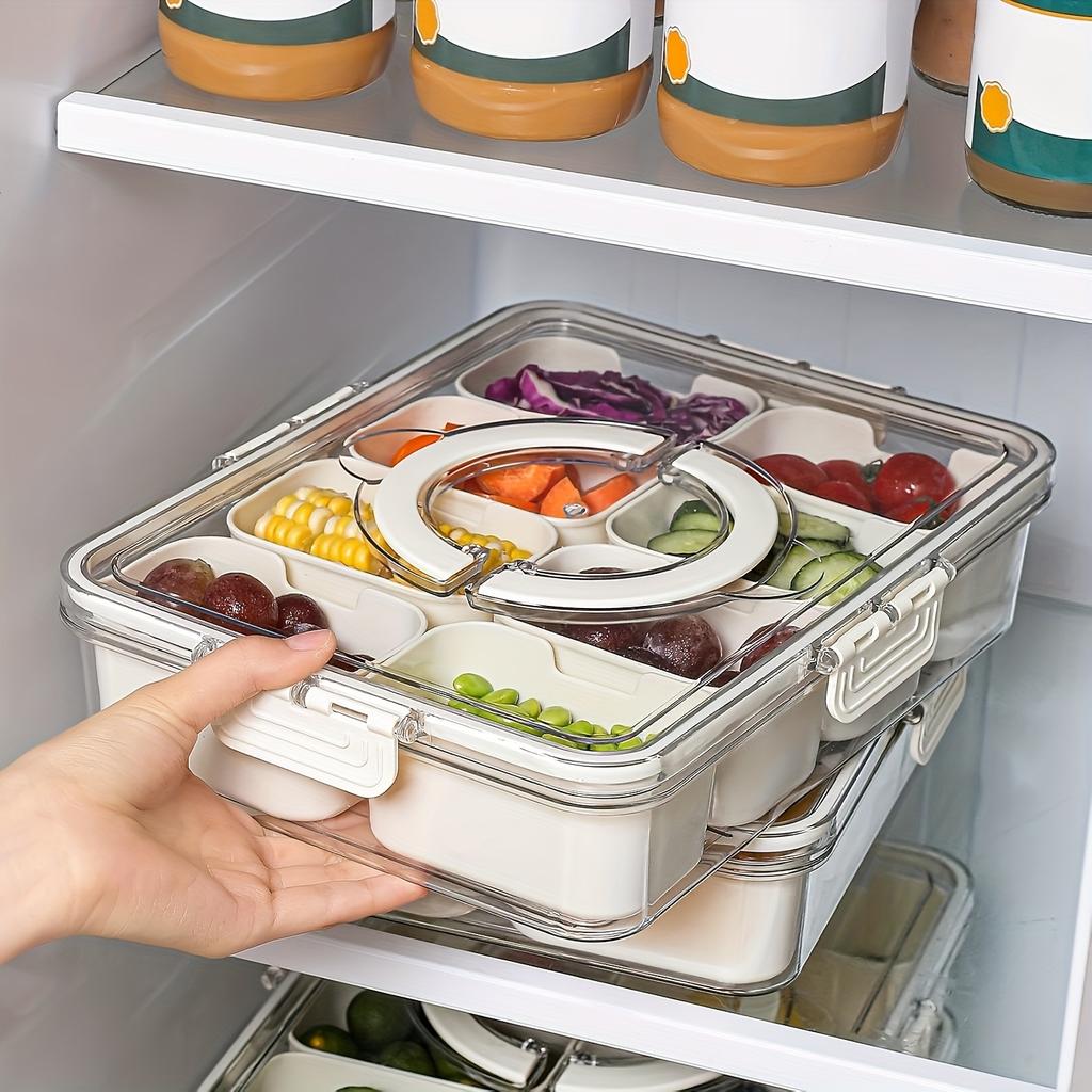 Portable Sectioned Snack Tray. Four-sided Snap-lock with a Sealed Lid. Suitable for Refrigerator and Kitchen Food Storage and Organization