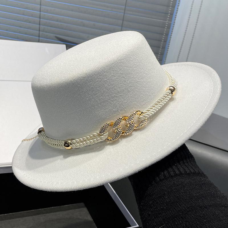 British Retro Flat-top Woolen Top Hat Women's Spring and Autumn Elegant Wide-brimmed White Jazz Hat Versatile Flat-brimmed Hat Men