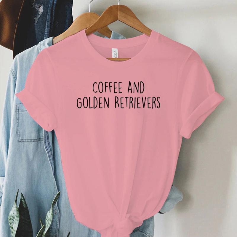 Coffee and Golden Retrievers Shirt Dog Lover Gift Tshirt Female Womens Clothing Round Neck Casual Tops Womens Clothing Sales