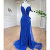 High-end sexy one-word shoulder fish blue split fork fish tail temperament socialite banquet host dress LA11111