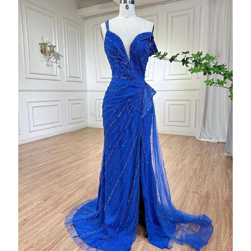 High-end sexy one-word shoulder fish blue split fork fish tail temperament socialite banquet host dress LA11111