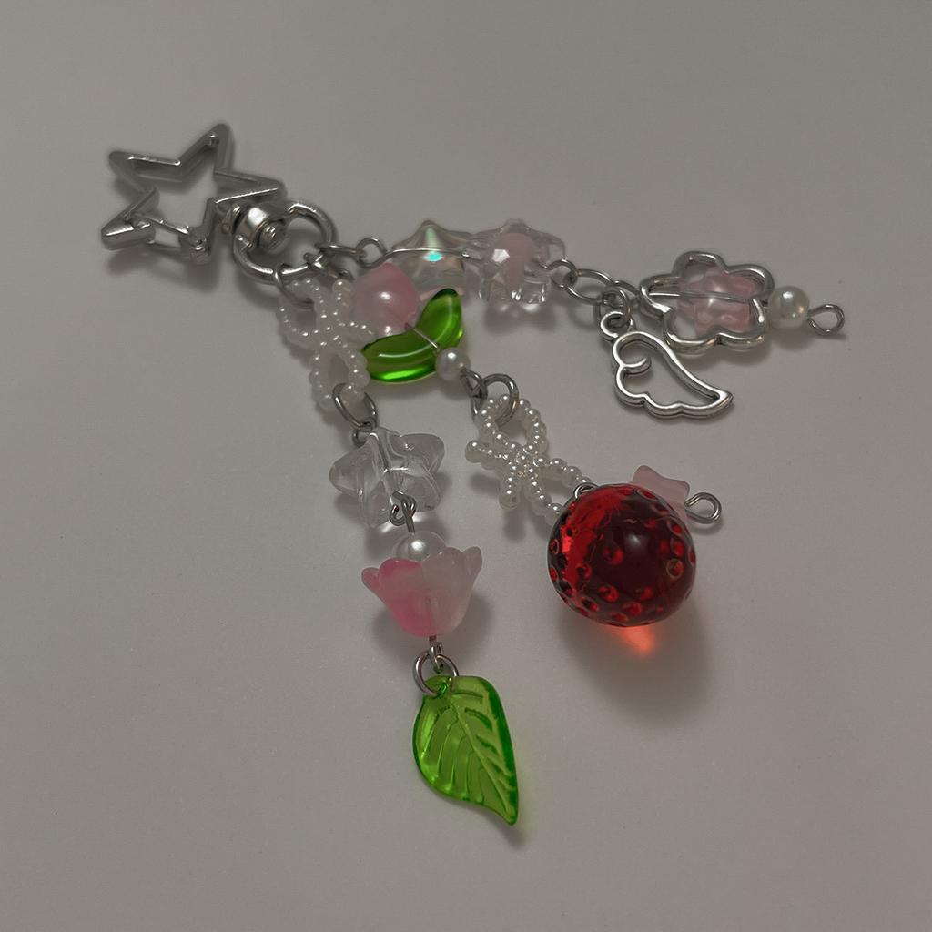 Wind Heart Shape Strawberry Pendant Keychain Female, Sweet Tulip Star Mobile Phone Chain Lanyard