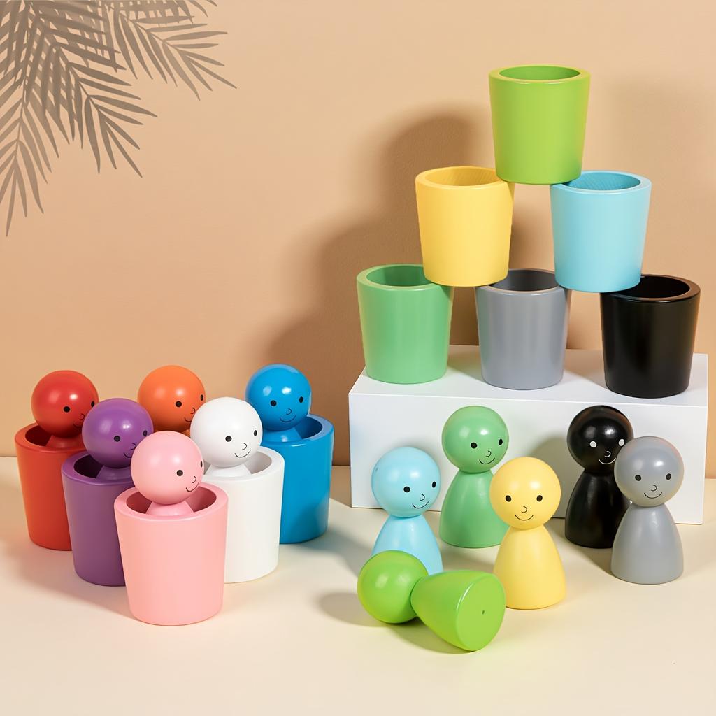 A 24pcs Wooden Sorting Cup Set in a Colorful Box, Featuring Cute Wooden Figurines for Educational Play. Enhances Observation and Hands-on Skills