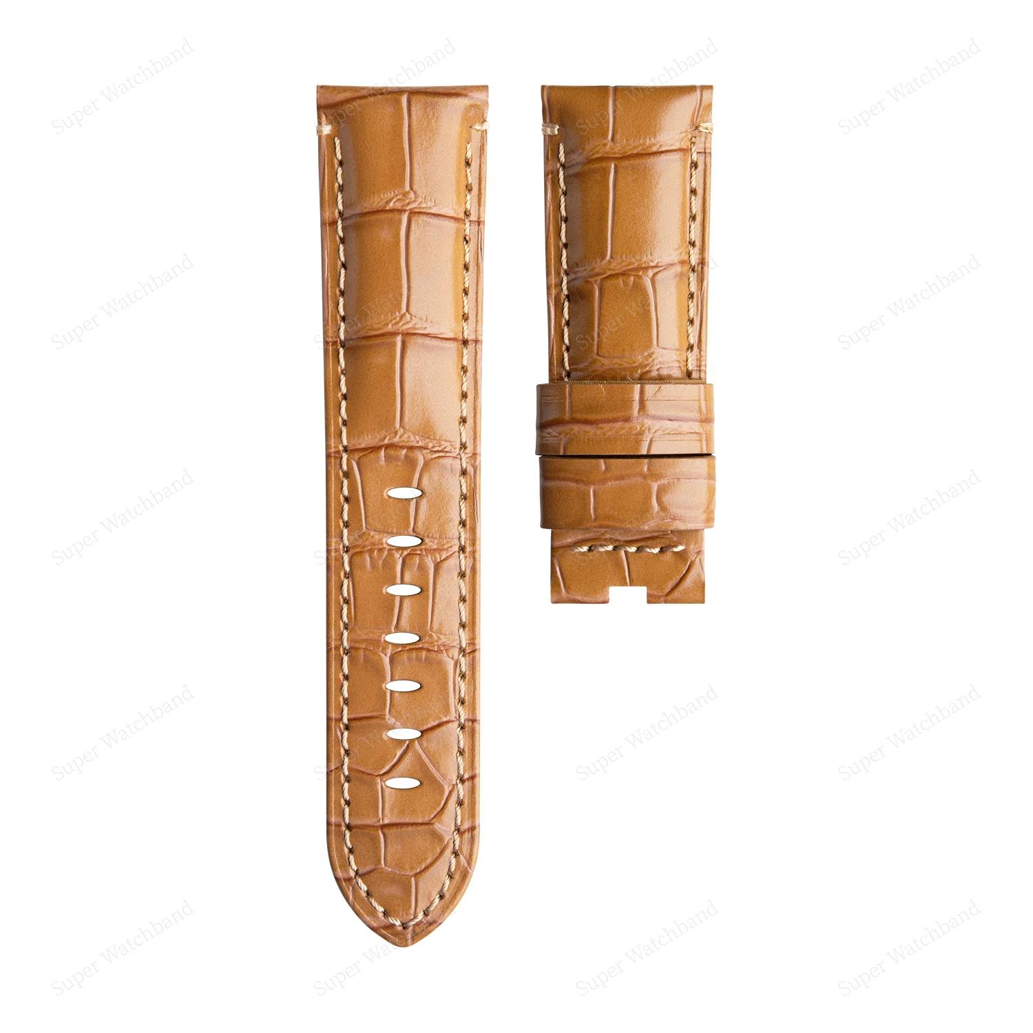 

24mm 26mm Imported Italy Soft Genuine Bamboo Crazy Horse Leather Watchband For Panerai Strap For PAM111 441 Bracelet Fold Clasp 26-22mm&Without Buckle жовтий