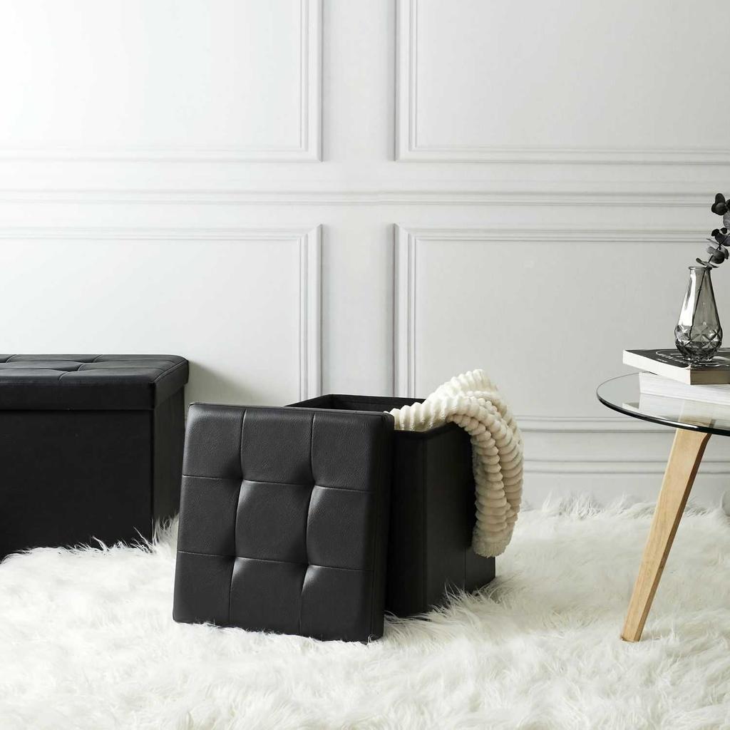 BLACK Vels ECO LEATHER FOLDABLE POUFFE with storage compartment
