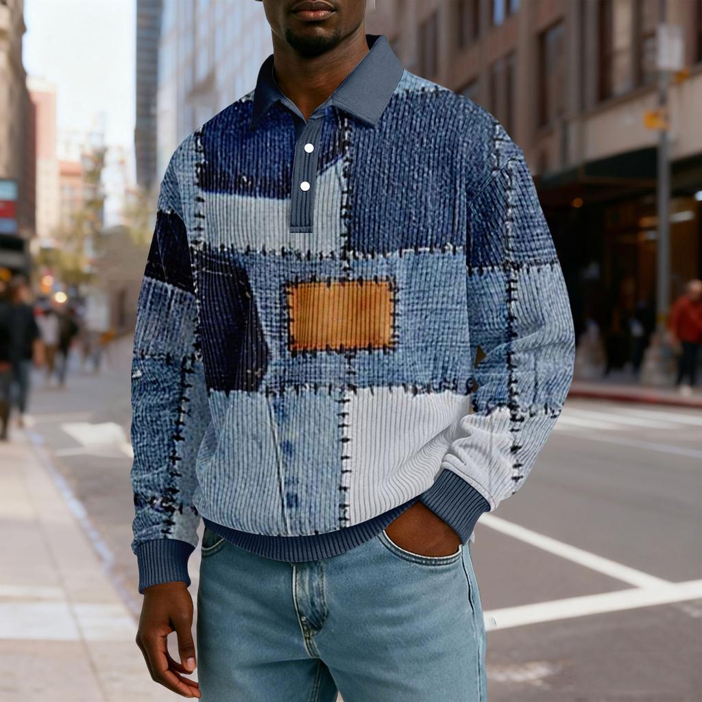 Pánské ležérní volné tričko s límečkem na knoflíčky a dlouhým rukávem