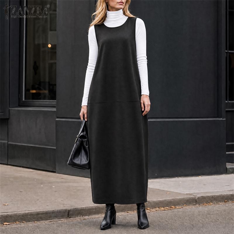 ZANZEA Casual Dames Ronde Hals Mouwloze Losse Lange Jurk met Zakken