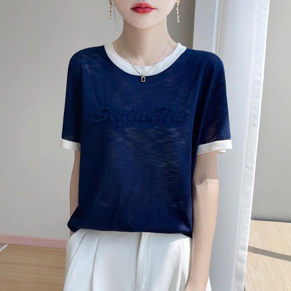 

Summer s New Round-neck Knitted Sweater, Short-sleeved T-shirt, Women s Color-blocked Three-dimensional Letter Thin Style M синій