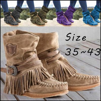 Women's Fahion Winter Round Head Flat Heels Fringe Ankle Boots Ladies Retro Suede Leather Short Tube Thick Tassel Ankle Snow Booties Plus Size 35-43