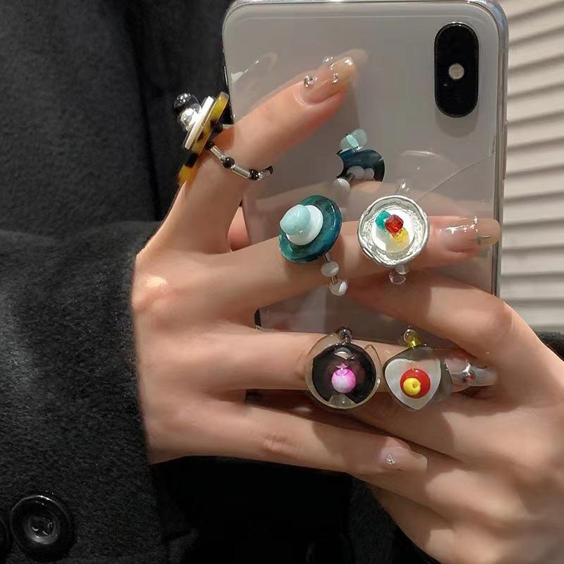 Multi-Element ~ Retro Beaded Ring Women's Trend Index Finger Ring Elastic Folded Ring Casual Jewelry Accessories