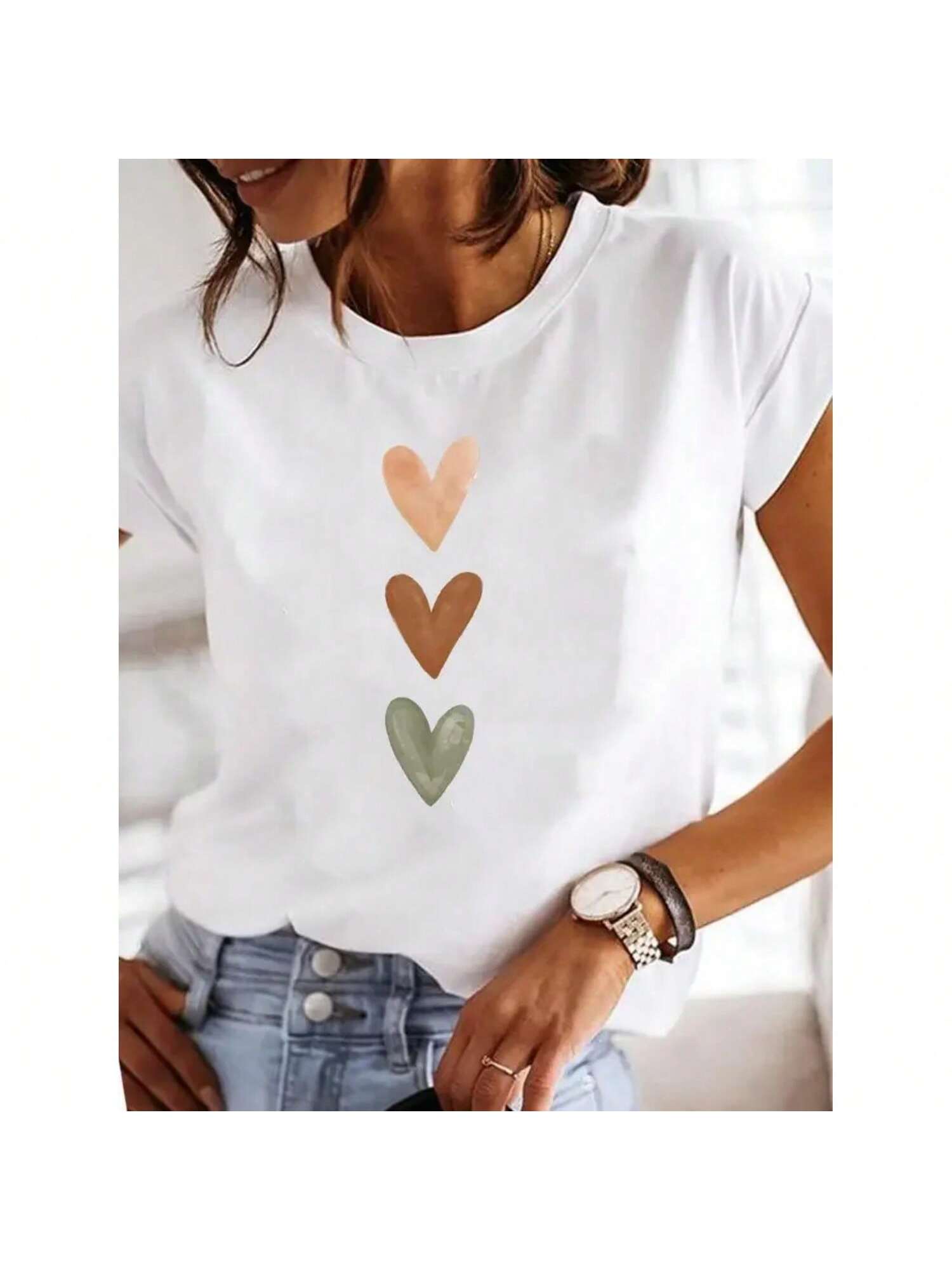 Love Heart Casual Ladies Fashion Female Graphic Tee Wounisex Short Sleeve Heart Watercolor Sweet Print Summer T Clothing T-Shirts S разноцветный