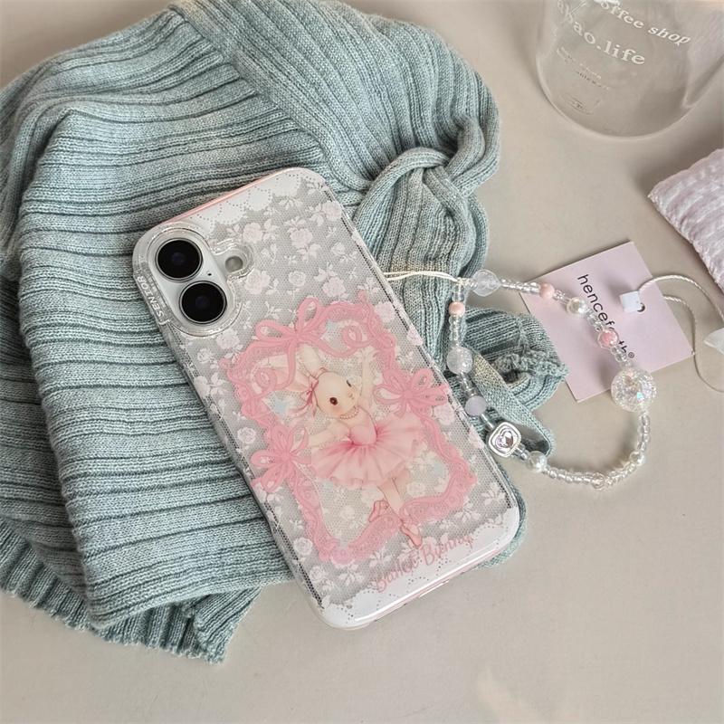 New 2026 INS Pink Ballet Bunny Lace Phone Case For iPhone 17 16 15 14 Pro Max with Rhinestone and Beaded Chain Shockproof Cover